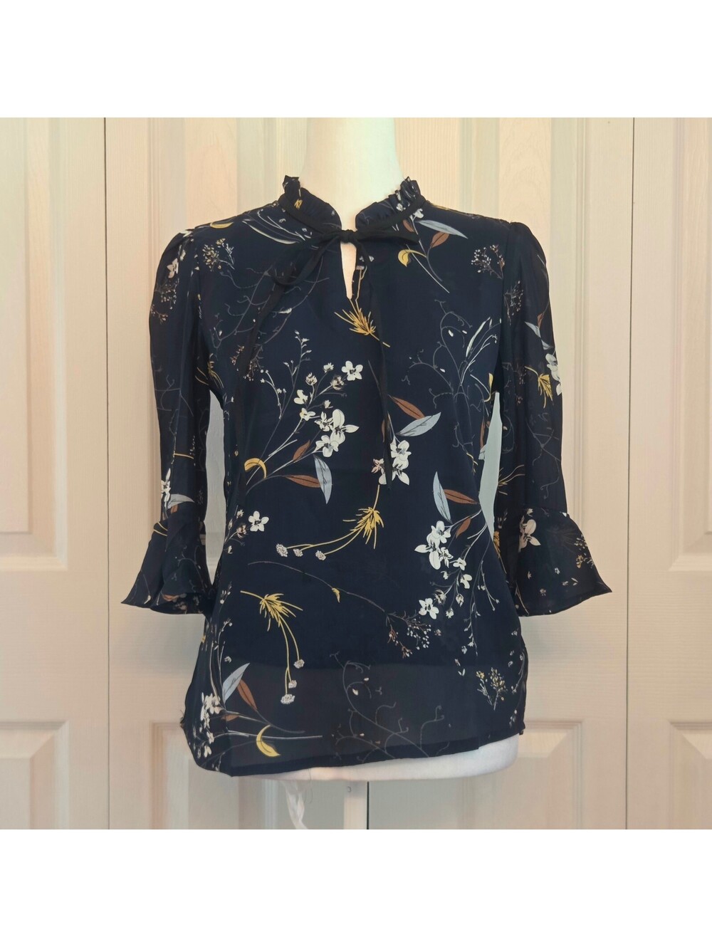 Vintage Style Navy Floral Tie Neck Keyhole Blouse Flare Sleeve Retro Office Top